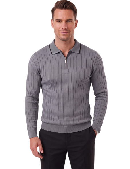 DeepSEA Erkek Slim Fit Tüylenmeyen Çizgi Dokulu Triko Kazak – Fermuarlı Polo Yaka 2700401