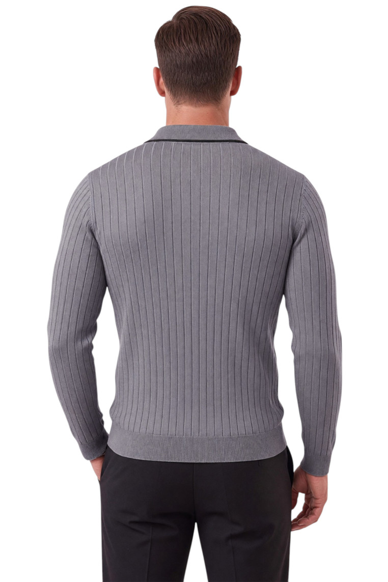 DeepSEA Erkek Slim Fit Dokulu Triko Kazak – Fermuarlı Polo Yaka Likralı Esnek 2708505