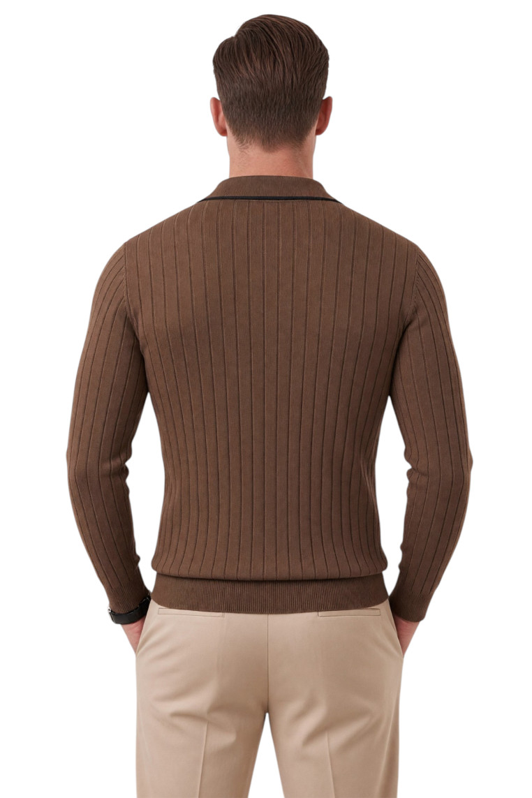 DeepSEA Erkek Slim Fit Dokulu Triko Kazak – Fermuarlı Polo Yaka Likralı Esnek 2708505