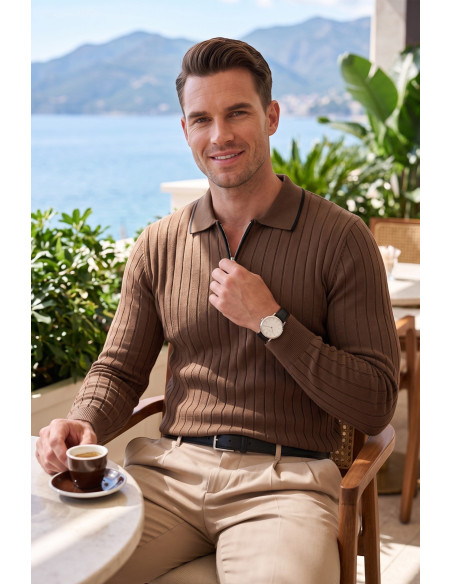 DeepSEA Erkek Slim Fit Dokulu Triko Kazak – Fermuarlı Polo Yaka Likralı Esnek 2708505