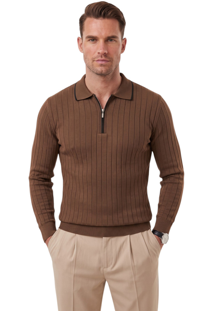 DeepSEA Erkek Slim Fit Dokulu Triko Kazak – Fermuarlı Polo Yaka Likralı Esnek 2708505 2