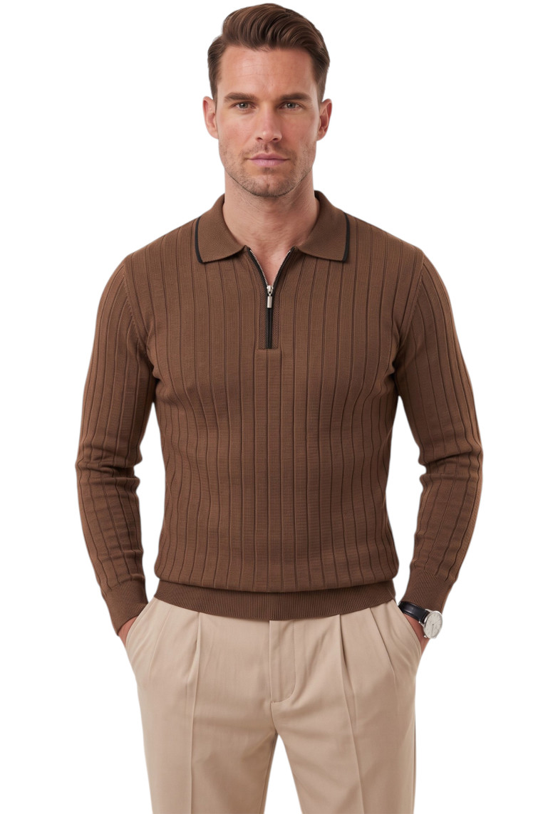 DeepSEA Erkek Slim Fit Tüylenmeyen Çizgi Dokulu Triko Kazak – Fermuarlı Polo Yaka 2700401