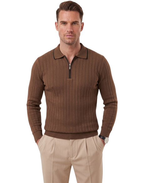 DeepSEA Erkek Slim Fit Dokulu Triko Kazak – Fermuarlı Polo Yaka Likralı Esnek 2708505
