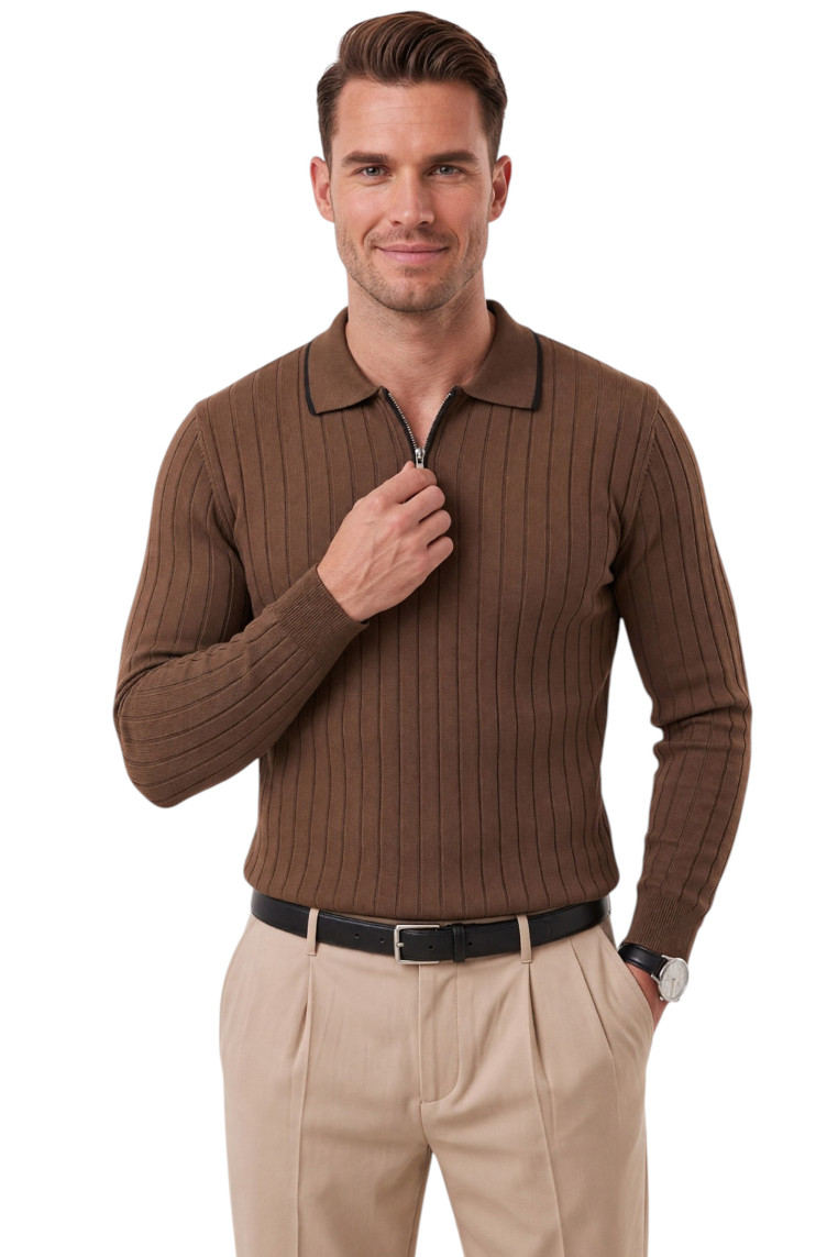 DeepSEA Erkek Slim Fit Dokulu Triko Kazak – Fermuarlı Polo Yaka Likralı Esnek 2708505