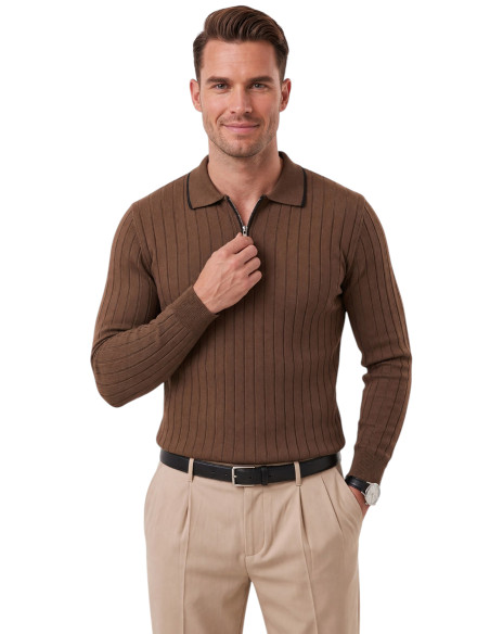 DeepSEA Erkek Slim Fit Tüylenmeyen Çizgi Dokulu Triko Kazak – Fermuarlı Polo Yaka 2700401