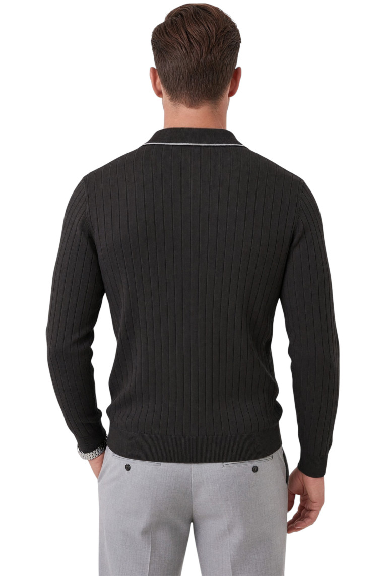 DeepSEA Erkek Slim Fit Tüylenmeyen Çizgi Dokulu Triko Kazak – Fermuarlı Polo Yaka 2700401