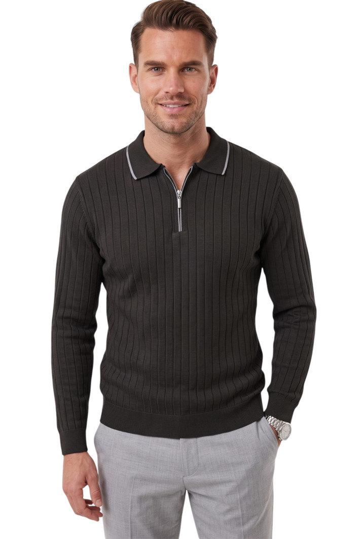 DeepSEA Erkek Slim Fit Dokulu Triko Kazak – Fermuarlı Polo Yaka Likralı Esnek 2708505 2
