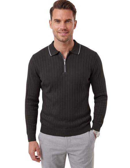 DeepSEA Erkek Slim Fit Tüylenmeyen Çizgi Dokulu Triko Kazak – Fermuarlı Polo Yaka 2700401