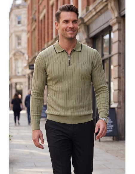 DeepSEA Erkek Slim Fit Dokulu Triko Kazak – Fermuarlı Polo Yaka Likralı Esnek 2708505