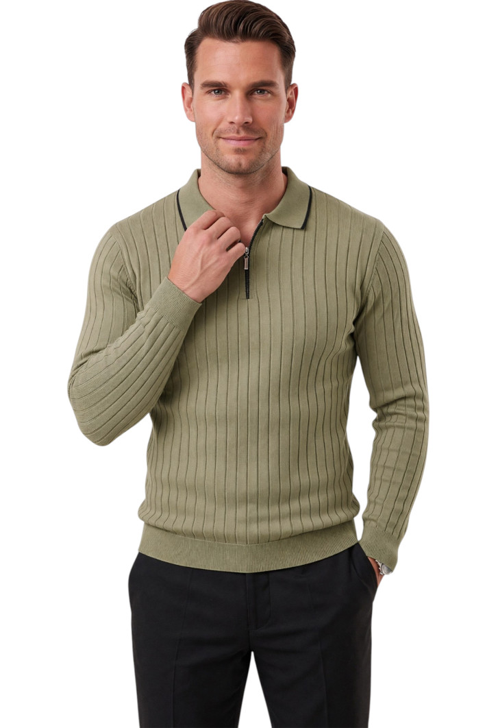 DeepSEA Erkek Slim Fit Dokulu Triko Kazak – Fermuarlı Polo Yaka Likralı Esnek 2708505 2
