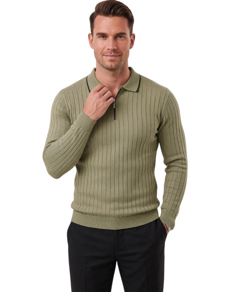 DeepSEA Erkek Slim Fit Tüylenmeyen Çizgi Dokulu Triko Kazak – Fermuarlı Polo Yaka 2700401