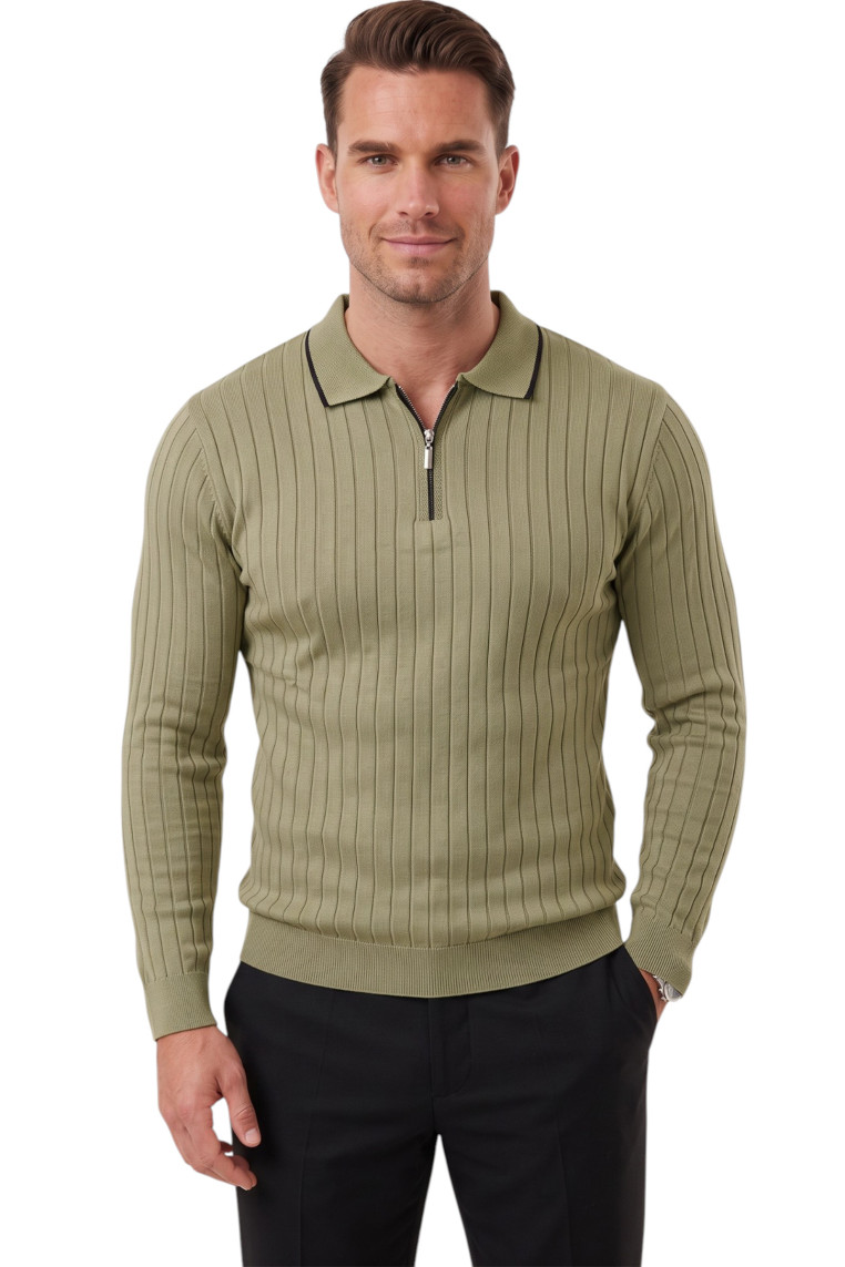 DeepSEA Erkek Slim Fit Dokulu Triko Kazak – Fermuarlı Polo Yaka Likralı Esnek 2708505