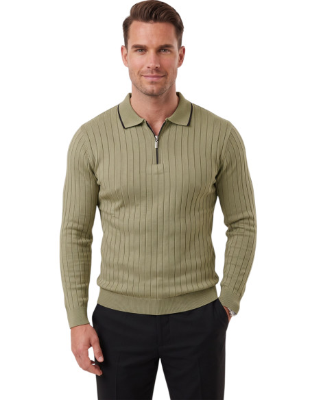 DeepSEA Erkek Slim Fit Tüylenmeyen Çizgi Dokulu Triko Kazak – Fermuarlı Polo Yaka 2700401