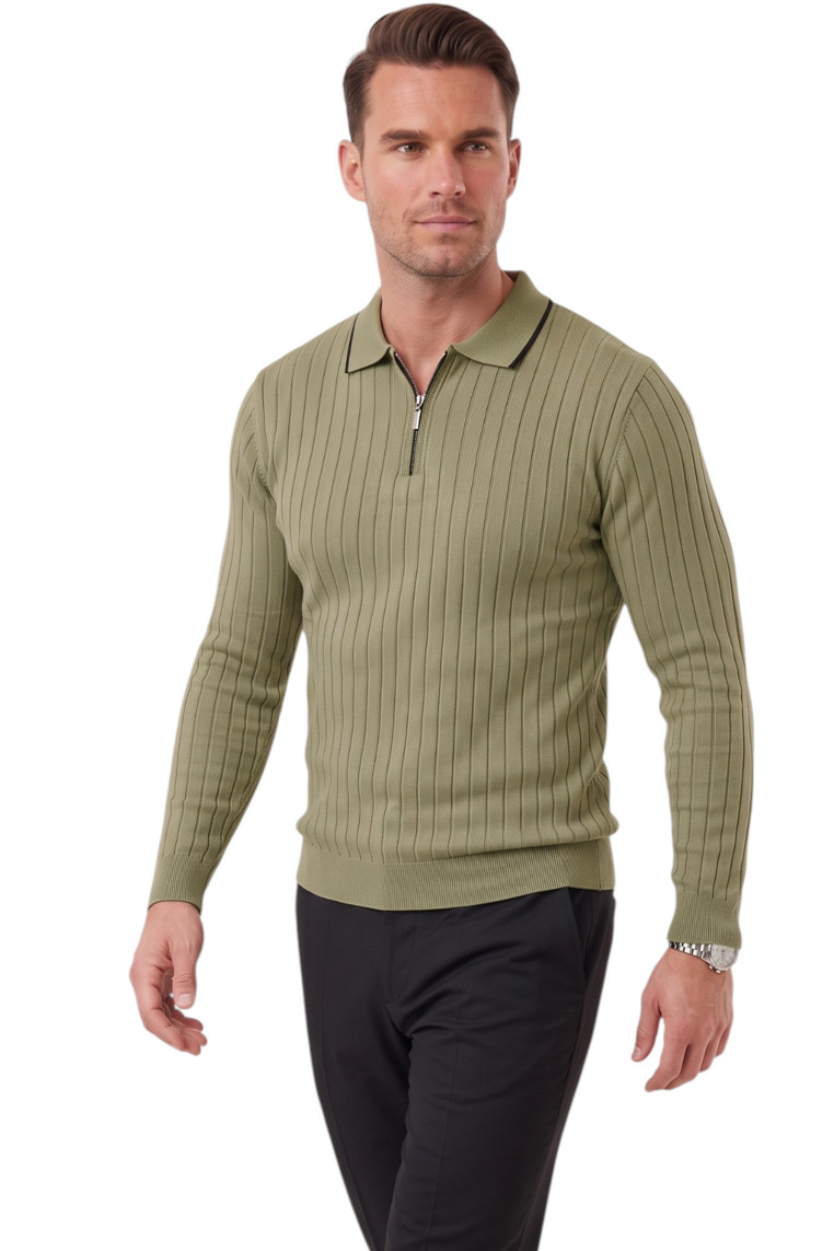 DeepSEA Erkek Slim Fit Tüylenmeyen Çizgi Dokulu Triko Kazak – Fermuarlı Polo Yaka 2700401