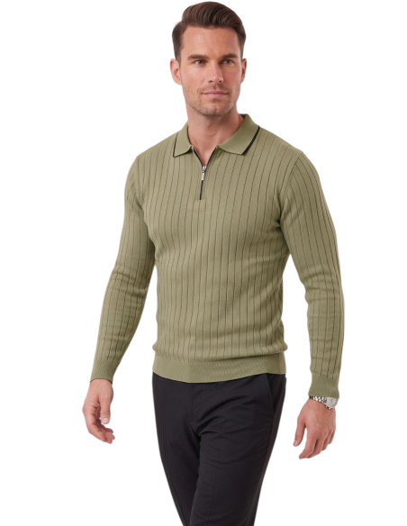 DeepSEA Erkek Slim Fit Tüylenmeyen Çizgi Dokulu Triko Kazak – Fermuarlı Polo Yaka 2700401