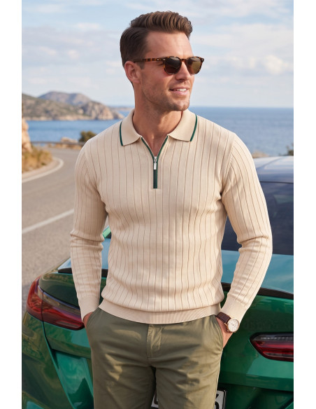 DeepSEA Erkek Slim Fit Dokulu Triko Kazak – Fermuarlı Polo Yaka Likralı Esnek 2708505