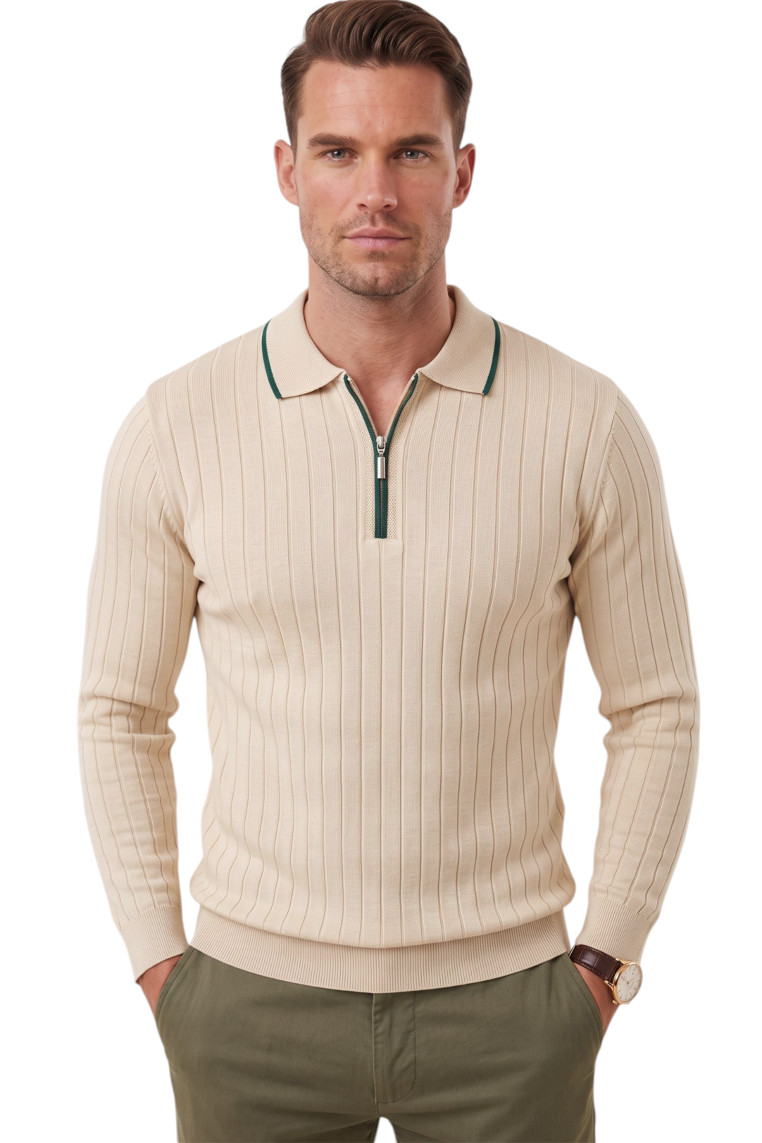 DeepSEA Erkek Slim Fit Tüylenmeyen Çizgi Dokulu Triko Kazak – Fermuarlı Polo Yaka 2700401