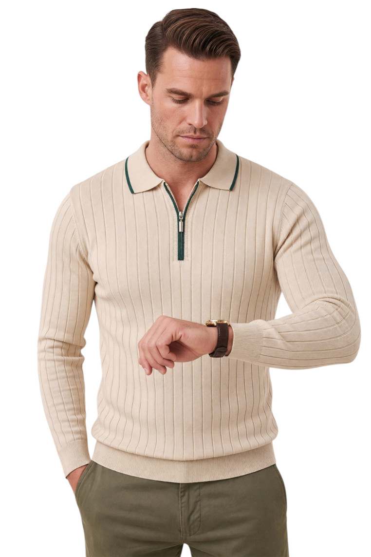 DeepSEA Erkek Slim Fit Tüylenmeyen Çizgi Dokulu Triko Kazak – Fermuarlı Polo Yaka 2700401