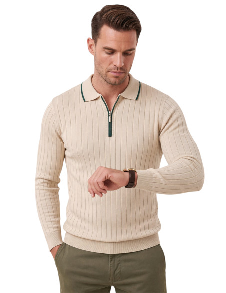 DeepSEA Erkek Slim Fit Tüylenmeyen Çizgi Dokulu Triko Kazak – Fermuarlı Polo Yaka 2700401
