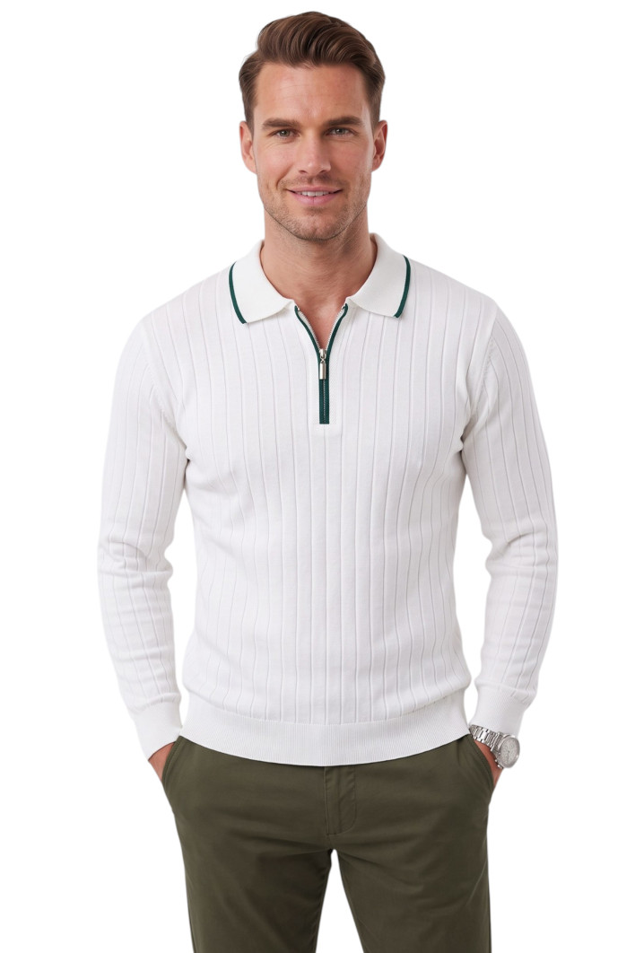 DeepSEA Erkek Slim Fit Tüylenmeyen Çizgi Dokulu Triko Kazak – Fermuarlı Polo Yaka 2700401 2