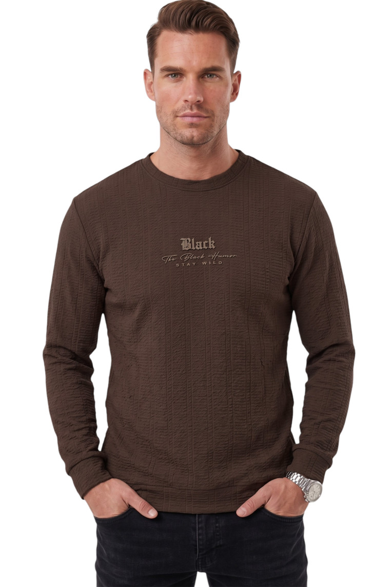 DeepSEA Erkek Slim Fit Likralı Çizgi Dokulu Sweatshirt – Bisiklet Yaka Nakışlı Spor Şık Sweat 2708518