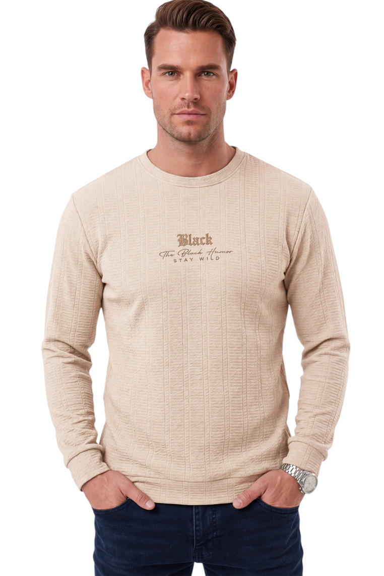 DeepSEA Erkek Slim Fit Jakar Dokulu Sweatshirt – Likralı Yumuşak Dokulu Bisiklet Yaka Nakışlı 2708516