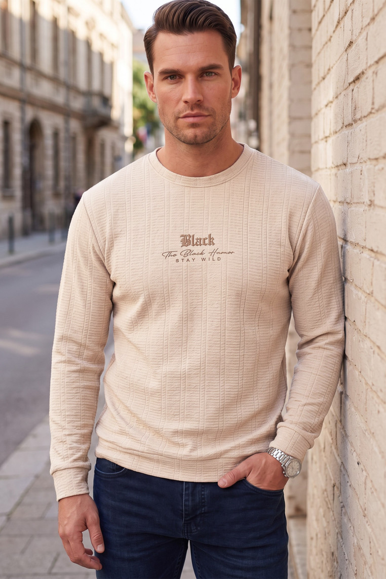 DeepSEA Erkek Slim Fit Likralı Çizgi Dokulu Sweatshirt – Bisiklet Yaka Nakışlı Spor Şık Sweat 2708518
