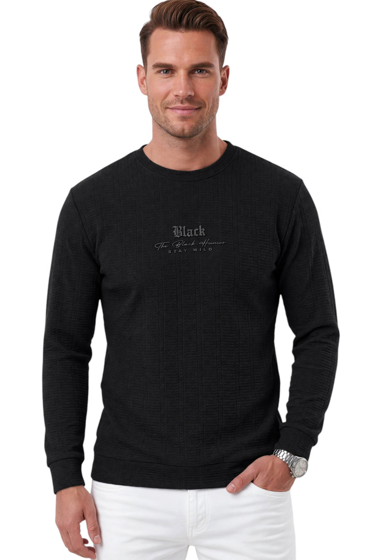 DeepSEA Erkek Slim Fit Likralı Çizgi Dokulu Sweatshirt – Bisiklet Yaka Nakışlı Spor Şık Sweat 2708518