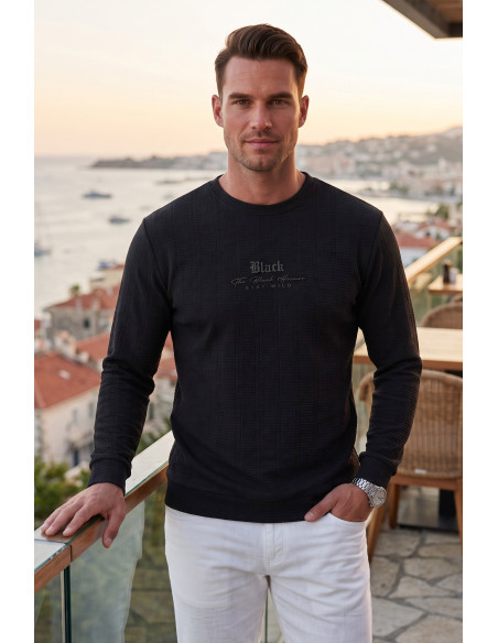 DeepSEA Erkek Slim Fit Likralı Çizgi Dokulu Sweatshirt – Bisiklet Yaka Nakışlı Spor Şık Sweat 2708518