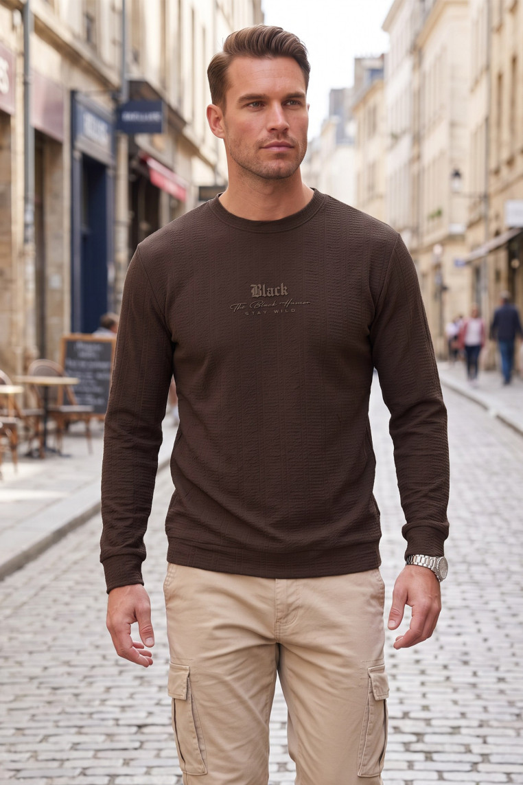 DeepSEA Erkek Slim Fit Likralı Çizgi Dokulu Sweatshirt – Bisiklet Yaka Nakışlı Spor Şık Sweat 2708518