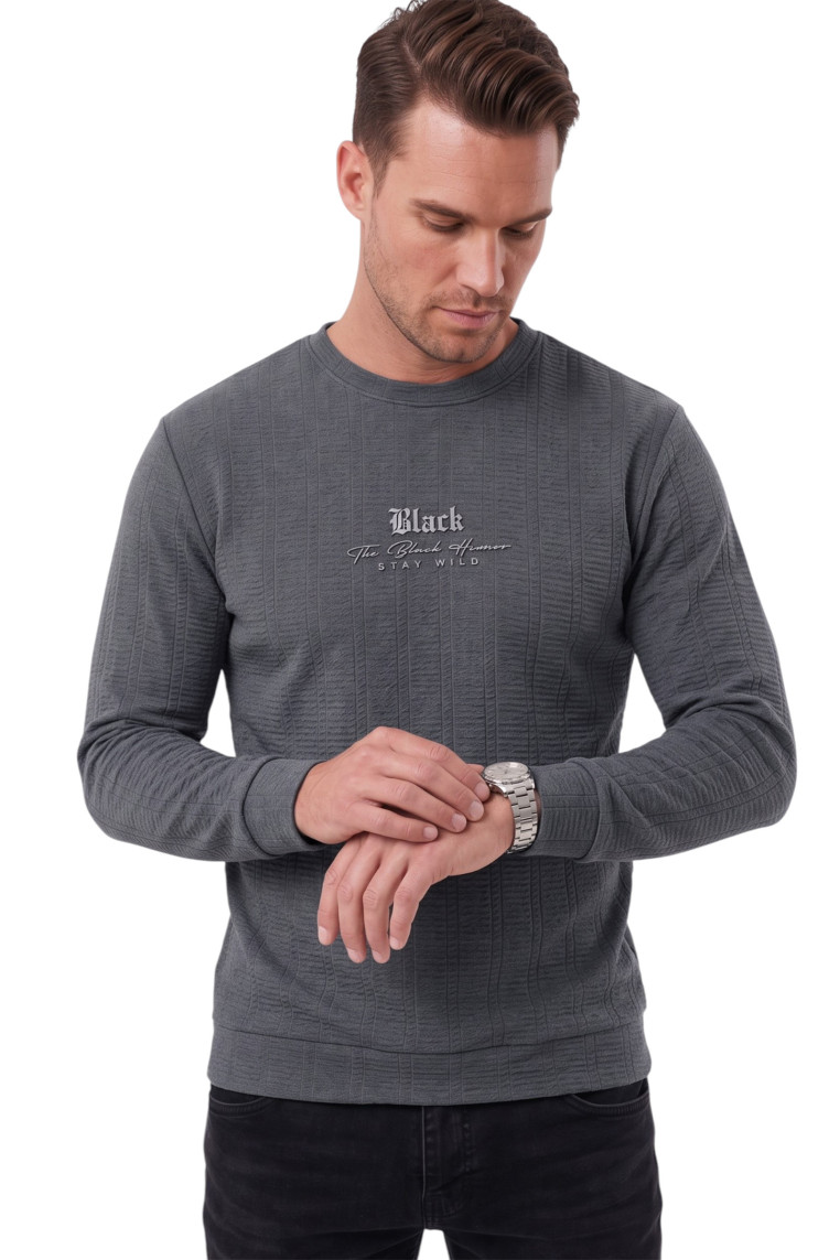 DeepSEA Erkek Slim Fit Likralı Çizgi Dokulu Sweatshirt – Bisiklet Yaka Nakışlı Spor Şık Sweat 2708518