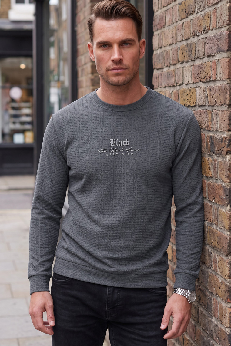 DeepSEA Erkek Slim Fit Likralı Çizgi Dokulu Sweatshirt – Bisiklet Yaka Nakışlı Spor Şık Sweat 2708518