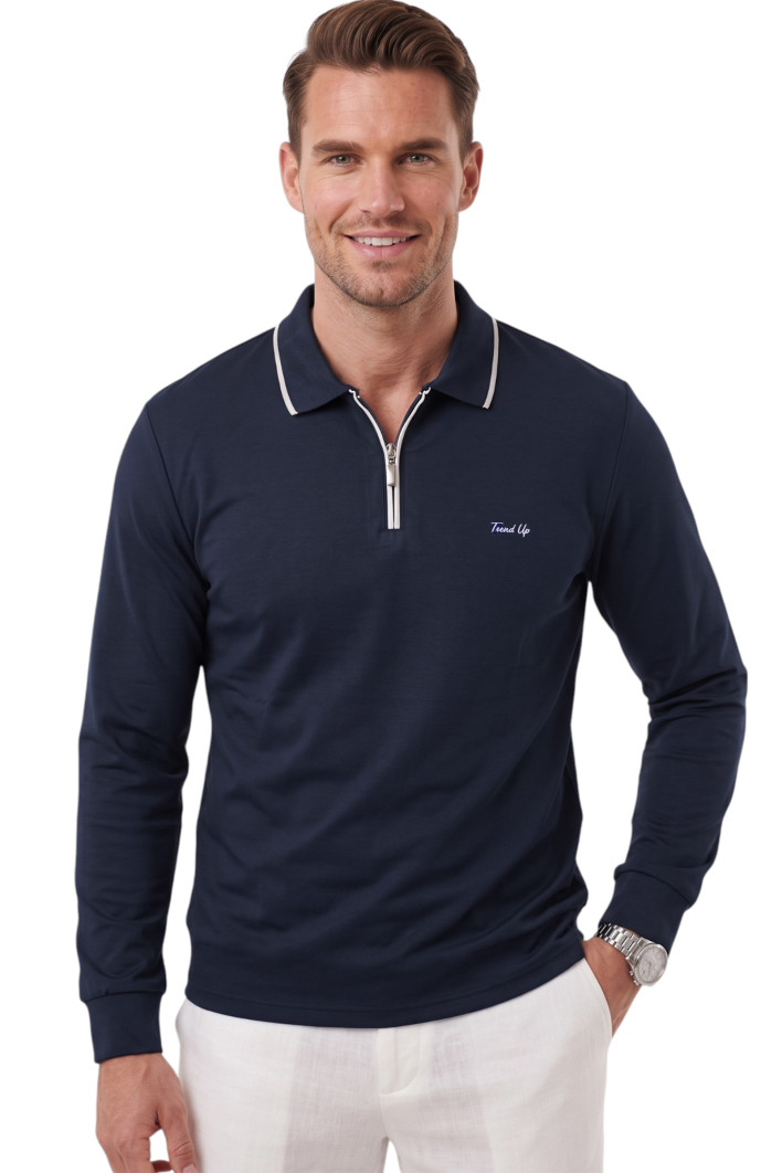 DeepSEA Erkek Slim Fit Dokulu Triko Kazak – Fermuarlı Polo Yaka Likralı Esnek 2708505 2