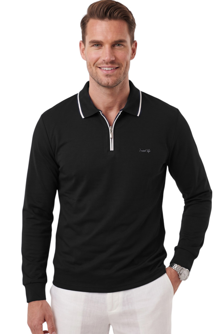 DeepSEA Erkek Slim Fit Dokulu Triko Kazak – Fermuarlı Polo Yaka Likralı Esnek 2708505