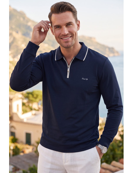 DeepSEA Erkek Slim Fit Dokulu Triko Kazak – Fermuarlı Polo Yaka Likralı Esnek 2708505