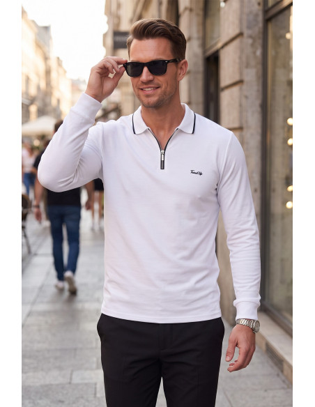 DeepSEA Erkek Slim Fit Dokulu Triko Kazak – Fermuarlı Polo Yaka Likralı Esnek 2708505