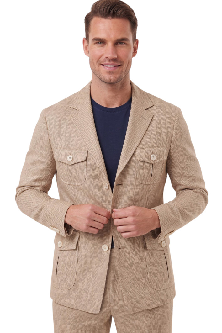 DeepSEA Erkek Safari Ceketli Balıksırtı Desenli Slim Fit 2'li Takım Elbise – Pileli Duble Paça Pantolon 2600723