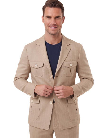 DeepSEA Erkek Safari Ceketli Balıksırtı Desenli Slim Fit 2'li Takım Elbise – Pileli Duble Paça Pantolon 2600723