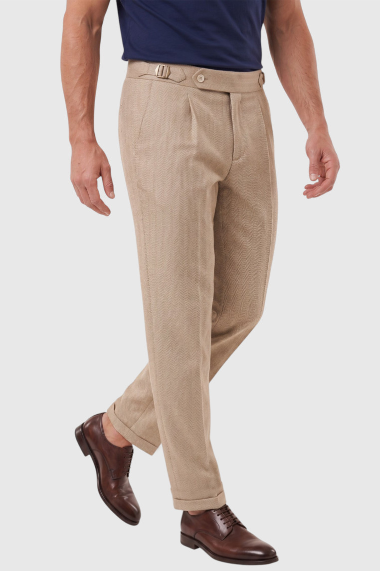 DeepSEA Erkek Safari Ceketli Balıksırtı Desenli Slim Fit 2'li Takım Elbise – Pileli Duble Paça Pantolon 2600723