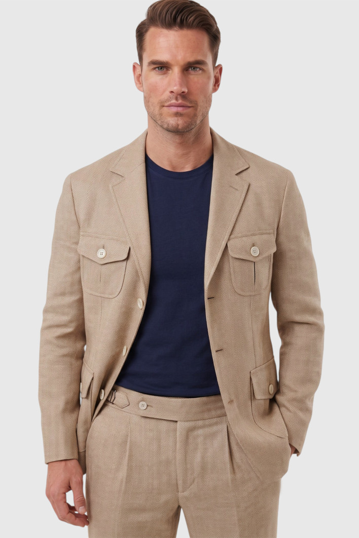 DeepSEA Erkek Safari Ceketli Balıksırtı Desenli Slim Fit 2'li Takım Elbise – Pileli Duble Paça Pantolon 2600723 2