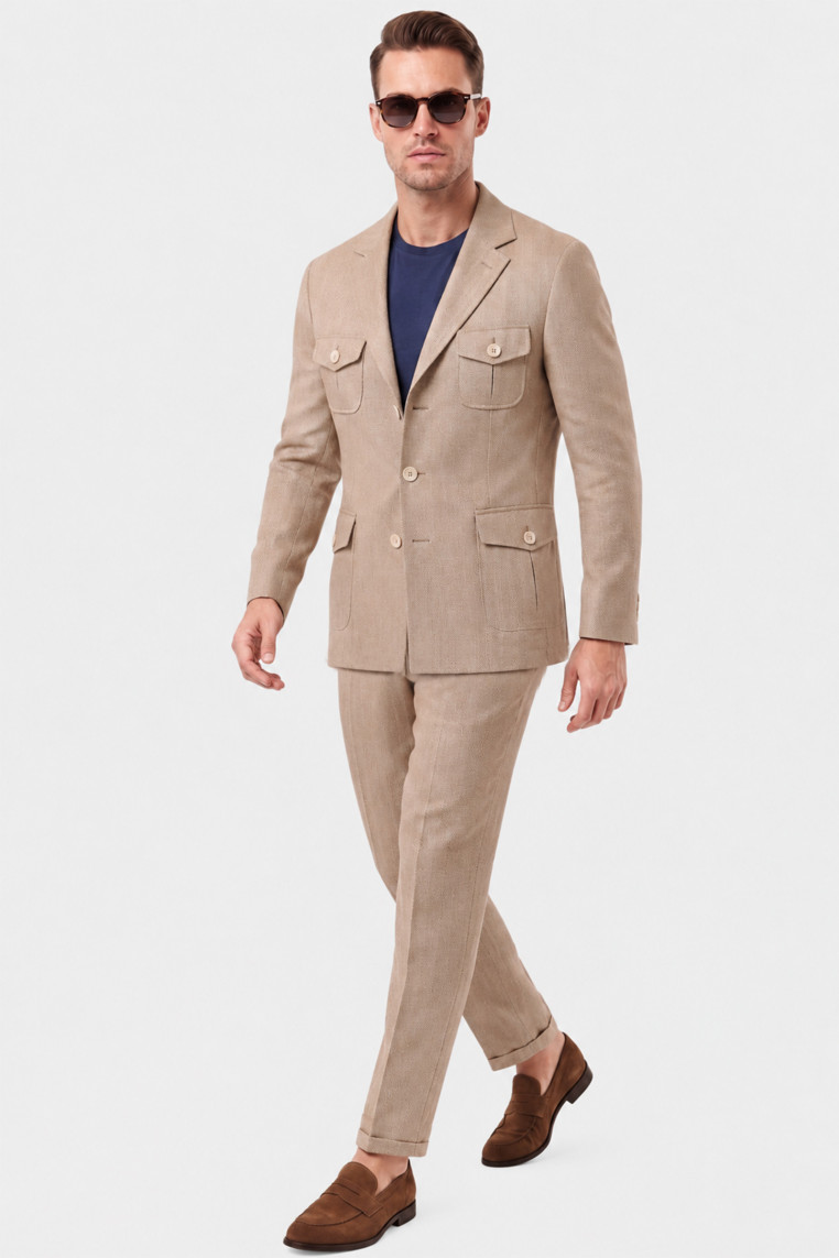 DeepSEA Erkek Safari Ceketli Balıksırtı Desenli Slim Fit 2'li Takım Elbise – Pileli Duble Paça Pantolon 2600723