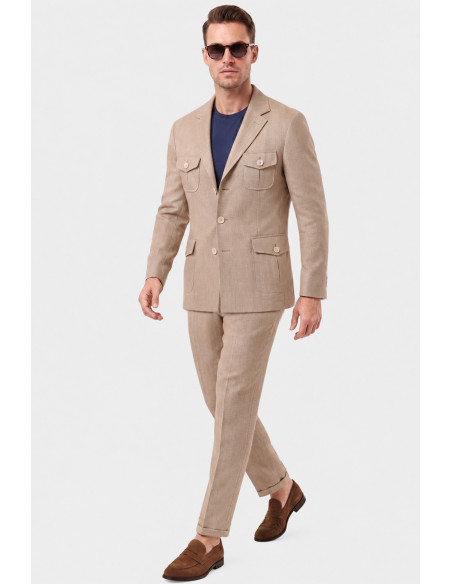 DeepSEA Erkek Safari Ceketli Balıksırtı Desenli Slim Fit 2'li Takım Elbise – Pileli Duble Paça Pantolon 2600723