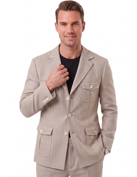 DeepSEA Erkek Safari Ceketli Balıksırtı Desenli Slim Fit 2'li Takım Elbise – Pileli Duble Paça Pantolon 2600723