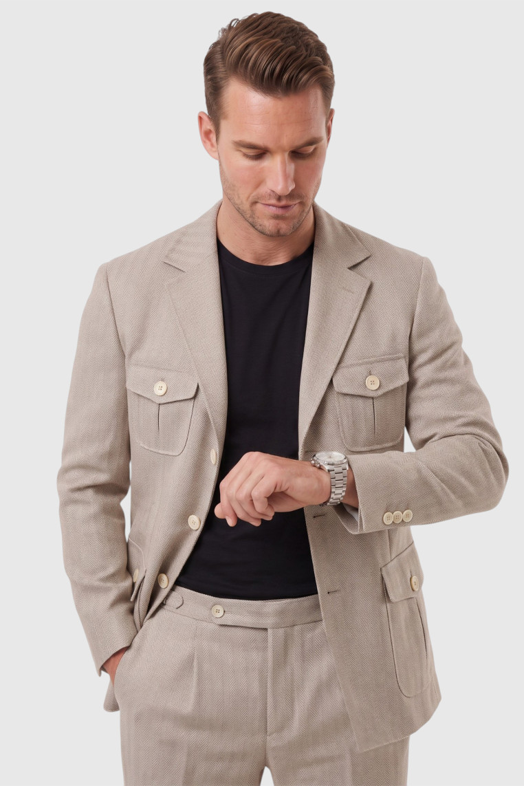 DeepSEA Erkek Safari Ceketli Balıksırtı Desenli Slim Fit 2'li Takım Elbise – Pileli Duble Paça Pantolon 2600723