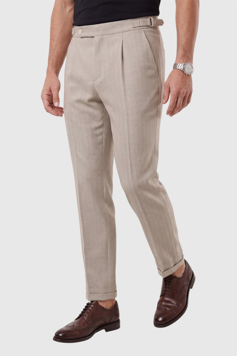 DeepSEA Erkek Safari Ceketli Balıksırtı Desenli Slim Fit 2'li Takım Elbise – Pileli Duble Paça Pantolon 2600723
