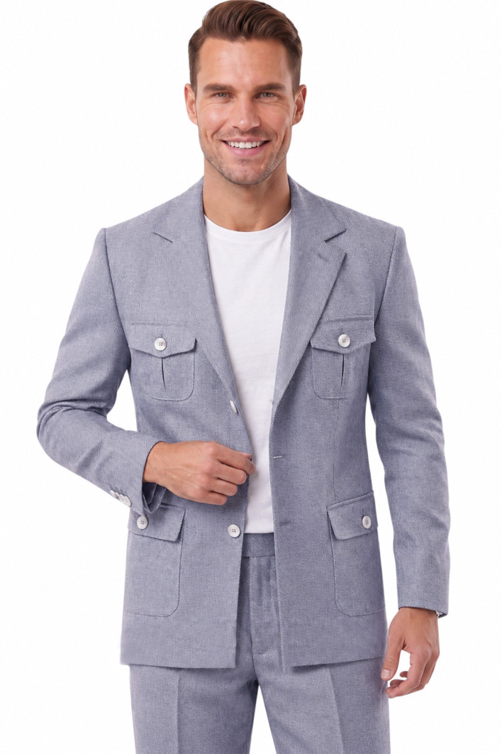 DeepSEA Erkek Safari Ceketli Balıksırtı Desenli Slim Fit 2'li Takım Elbise – Pileli Duble Paça Pantolon 2600723 2