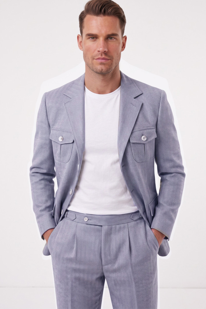 DeepSEA Erkek Safari Ceketli Balıksırtı Desenli Slim Fit 2'li Takım Elbise – Pileli Duble Paça Pantolon 2600723 2