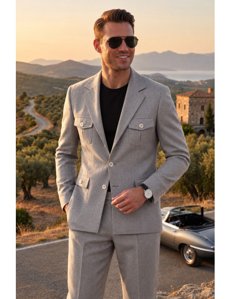 DeepSEA Erkek Safari Ceketli Balıksırtı Desenli Slim Fit 2'li Takım Elbise – Pileli Duble Paça Pantolon 2600723