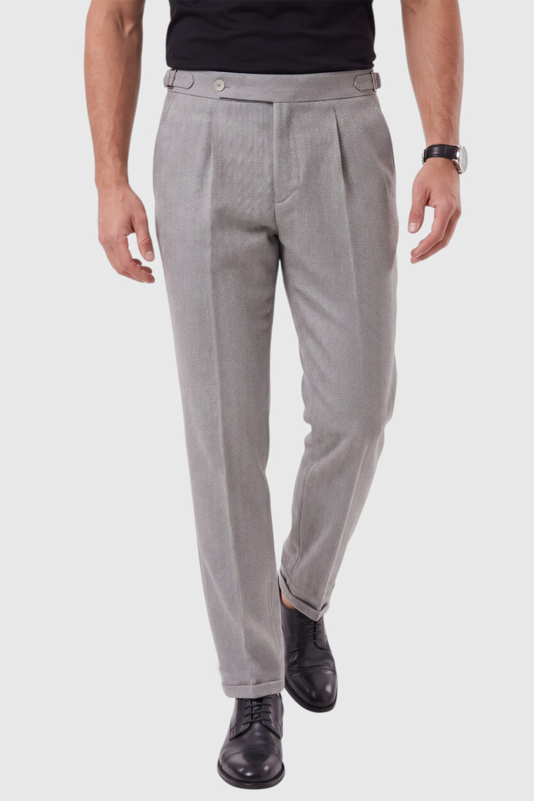 DeepSEA Erkek Safari Ceketli Balıksırtı Desenli Slim Fit 2'li Takım Elbise – Pileli Duble Paça Pantolon 2600723