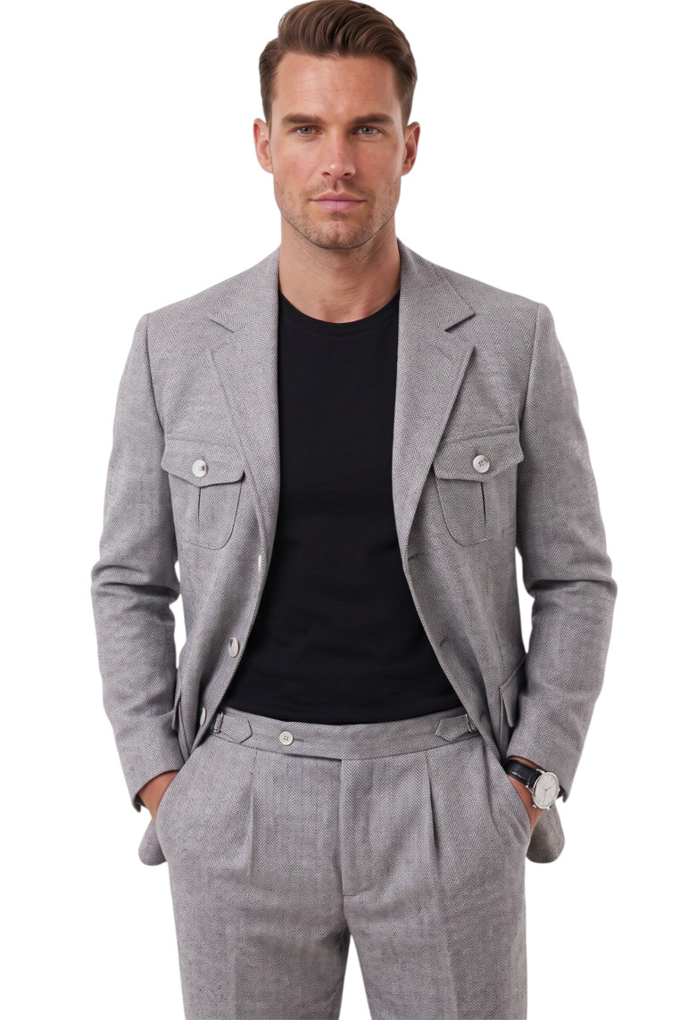 DeepSEA Erkek Safari Ceketli Balıksırtı Desenli Slim Fit 2'li Takım Elbise – Pileli Duble Paça Pantolon 2600723